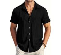 EndoraDore Mens Button Down Shirts Summer Beach Shirt Casual Short Sleeve Loose Fit Textured Tops with Pocket Black M
