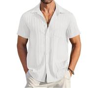 EndoraDore Mens Button Down Shirts Summer Beach Shirt Casual Short Sleeve Loose Fit Textured Tops with Pocket White 3XL