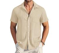 EndoraDore Mens Button Down Shirts Summer Beach Shirt Casual Short Sleeve Loose Fit Textured Tops with Pocket Beige L