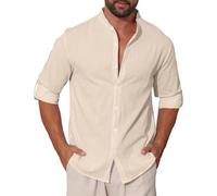 EndoraDore Mens Linen Cotton Shirts Casual Long Sleeve Regular Fit Shirt Hawaii Summer Beach Tops Khaki 3XL