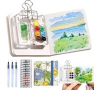 Endyniner Mini Travel Watercolor Paint Set, Pocket-Sized Palette with Sketchbook & Acrylic 8 Grid Paint Box