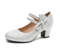 Enelauge Women's Mary Jane Heels with Bow Retro Closed Round Toe Pumps Sweet Ankle Strap Low Block Heels Chic Bowtie Vintage Dress Wedding Party Office Daily Shoes, Silver Glitter, 10 UK