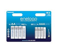 eneloop, AA/Mignon + AAA/Micro NI-MH Battery, Pack of 8, Capacity with Min. 2000 + 800 mAh, Ready-to-Use NI-MH Batteries, Rechargeable up to 2000 Times, Plastic-Free Packaging, Standard, White