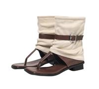 ENEN Cowboy Boots for Women Mid Calf Size 6-9, Sandals for Women Thong Summer Open Toe Sandals Boots Pull On Flip Flop Comfortable Vintage Cow Boy Booties Casual Outings Patchwork (White,8)