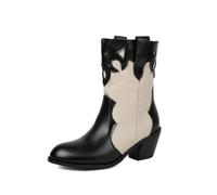 ENEN Cowboy Boots for Women Wide Calf Size 5-10.5 Mid Calf Cowgirl Boot Comfortable Chunky Heel Western Wedding Shoes Vintage Cow Boy Booties for Country Music, Two-Tone (Black,9.5)