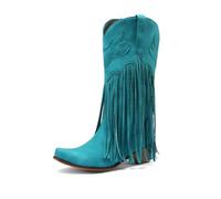 ENEN Cowboy Boots for Women Wide Calf Size 5-10.5 Mid Calf Cowgirl Boot Comfortable Chunky Heel Western Wedding Shoes Vintage Tassels Cow Boy Booties for Country Music (Blue,9)