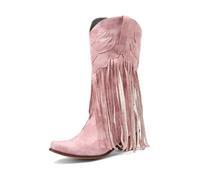 ENEN Cowboy Boots for Women Wide Calf Size 5-10.5 Mid Calf Cowgirl Boot Comfortable Chunky Heel Western Wedding Shoes Vintage Tassels Cow Boy Booties for Country Music (Pink,10.5)