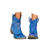 ENEN Cowboy Boots for Women Wide Calf Size 5-12 Mid Calf Cowgirl Boot Comfortable Chunky Heel Embroidered Western Wedding Shoes Country Music Vintage Cow Boy Booties - Minimalist (Blue,11)