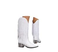 ENEN Cowboy Boots for Women Wide Calf Size 6-9 Slip-on Mid Calf Cowgirl Boot Comfortable Chunky Heel Tassels Western Wedding Shoes Country Music Vintage Cow Boy Booties (White,7)