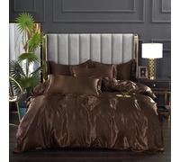ENEN Duvet Cover Sets Single Double King, Satin Silk Bedding Set Pure Colour Quilt Cover with Fitted Sheet & Pillowcases - 4pcs Duvet Cover Set for Adults, Children (200x230+150cm,Dark Coffee)