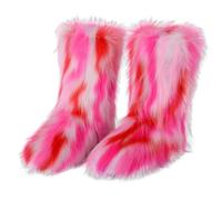 ENEN Furry Boots Womens Size 5-10, Winter Ladies Furry Knee High Snow Boots Warm Soft Plush Slip On Snow Shoes for Cold Weather Outdoor Indoor (XR11 Pink Red,8.5)