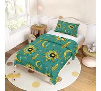 ENEN Kids Single Duvet Cover Set with Pillow Case, Girls Boys Bedding Sets Children's Bedding, Stars Sun Print 2/3 Piece Set Single Bed Duvet Cover for All Season (Green,135x200cm+50x75cm)