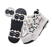 ENEN Roller Skate Shoes for Boys Girls, Star Pattern Skateboarding Roller Shoes for Kids Outdoor Parkour with 4 Wheels Retractable Skating for Children's Sports Walking (Black White,12)