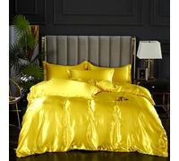 ENEN Satin Silk Duvet Cover Sets Single Double King, Solid Colour Bedding Set Quilt Cover with Fitted Sheet & Pillowcases Duvet Cover Set for Adults, Children (220x240+180cm,Yellow)