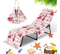 ENEN Sun Lounger Beach Towel with Pockets Portable Flamingo Print Soft Microfibre Quick Dry Lightweight for Holiday Summer Garden Swim Pool Lounger Towels (Stripe,75x210cm)