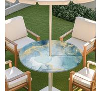 ENEN Table Cloth with Parasol Hole & Elastic Edge, Round 3D Marble Tablecloth, Wipe Clean Outdoor Garden Waterproof Tablecloth for Garden, Patio (Marble 10,L:45''-54'')