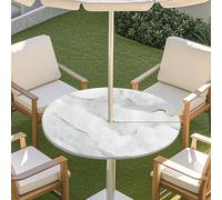 ENEN Table Cloth with Parasol Hole & Elastic Edge, Round 3D Marble Tablecloth, Wipe Clean Outdoor Garden Waterproof Tablecloth for Garden, Patio (Marble 8,M:36''-44'')