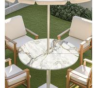 ENEN Table Cloth with Parasol Hole & Elastic Edge, Round 3D Marble Tablecloth, Wipe Clean Outdoor Garden Waterproof Tablecloth for Garden, Patio (White Grey,L:45''-54'')