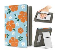 ENEN Universal Case for Kindle 6.8" 7", Ebook Reader E Reader Protective Case 3D Flower Pattern Shockproof PU Leather Stand Cover with Handstrap, Compatible with All 6.8/7 inch (Orange Flower A)