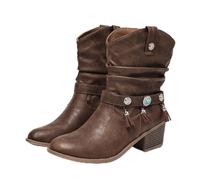 ENEN Women's Cowboy Boots PU Leather Wide Calf Size 6-9 | Bohemian Style Western Boots Mid Calf Block Heel Vintage for Country Music Wedding Daily (Brown,8)