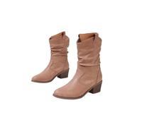 ENEN Women's Cowboy Boots PU Leather Wide Calf Size 6-9 | Classic Western Boots Mid Calf Block Heel Vintage for Country Music Wedding Daily (Pink,6.5)