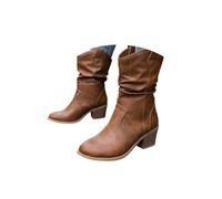 ENEN Women's Cowboy Boots PU Leather Wide Calf Size 6-9 | Classic Western Boots Mid Calf Block Heel Vintage for Country Music Wedding Daily (Brown,7)