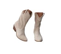 ENEN Women's Cowboy Boots Suede Wide Calf | Mesh Western Boots Mid Calf Block Heel Vintage for Country Music Wedding Daily (Beige,9.5)