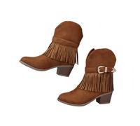 ENEN Women's Cowboy Boots Suede Wide Calf Size 6-9.5 | Tassels Western Boots Mid Calf Block Heel Vintage for Country Music Wedding Daily, Elegant (Brown,7)