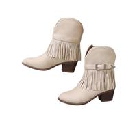 ENEN Women's Cowboy Boots Suede Wide Calf Size 6-9.5 | Tassels Western Boots Mid Calf Block Heel Vintage for Country Music Wedding Daily, Elegant (Beige,7.5)