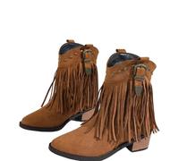 ENEN Women's Cowboy Boots Suede Wide Calf | Studs & Tassels Western Boots Mid Calf Block Heel Vintage for Country Music Wedding Daily (Brown,6)