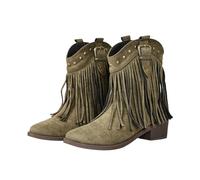 ENEN Women's Cowboy Boots Suede Wide Calf | Studs & Tassels Western Boots Mid Calf Block Heel Vintage for Country Music Wedding Daily (Green,6.5)