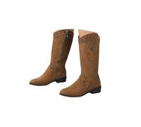 ENEN Women's Cowboy Boots Suede Wide Calf | Studs Western Boots Mid Calf Block Heel Vintage for Country Music Wedding Daily (Brown,7)