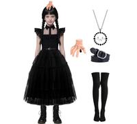 Enenblau Gothic Ball Gown Girls Black Tulle Party Dress Kids Halloween Party Outfit Set with Accessories Knee Stockings Chain Hair Clip EB002XXL