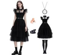 Enenblau Wednesday Addams Costume Women's Ball Gown Black Tulle Dance Dress Gothic Style Halloween Costume Set Including Knee Stockings, Chain, Hair Clip EB003XL