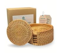 Eneocare Handmade Natural Rattan Coasters for Drinks, Wicker Boho Coasters, Woven Coasters for Drinks | Heat Resistant Reusable Saucers, Round Straw Trivet for Teacup, Set of 6 with Holder