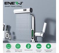 Ener-J Modern Single Hole Basin Faucet With Waterfall, Pull Out Sprayer And Led Temperature Display, Chrome Silver