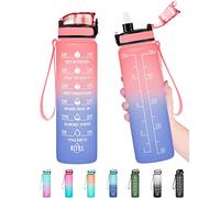 Enerbone 32 OZ Water Bottle, Leakproof BPA & Toxic Free, Motivational Water Bottle with Times to Drink and Straw, Fitness Sports Water Bottle with Strap for Office, Gym, Outdoor Sports, Pink-Blue