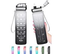 Enerbone 32 OZ Water Bottle, Leakproof BPA & Toxic Free, Motivational with Times to Drink, Fitness Sports Bottle with Strap for Office, Gym, Outdoor Sports, Gray-Black