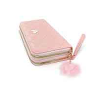 Energather Ladies Wallet Purses, Large Capacity PU Leather Purses for Women, Double Zipper Credit Card Wallet with 12 Card Slots and a Furball Zipper Pendant (Pink)