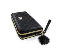Energather Ladies Wallet Purses, Large Capacity PU Leather Purses for Women, Double Zipper Credit Card Wallet with 12 Card Slots and a Furball Zipper Pendant (Black)