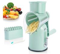 ENERGEVITY Manual Rotary Cheese Grater with Handle, 5 in 1 Replaceable Stainless Blades Cheese Shredder,Strong Suction Base Vegetable Slicer with Cleaning Brush & Bonus Storage Box for Blades (green)