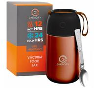 Energify Vacuum Insulated Food Jar 24oz. Thermos Includes Folding Spoon, Bag and Cup. Hot & Cold Drinks, Lunch Container For Kids and Adults. Premium BPA-Free Stainless Steel, Leak Proof, Red Mahogany