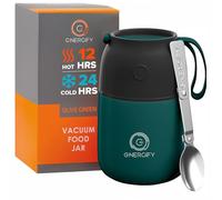 ENERGIFY Vacuum Insulated Food Jar. Large 17oz Bowl incl. Folding Spoon, Cup. Wide Mouth Keep Hot & Cold Drinks Soup Lunch Container for Adults. BPA-Free Stainless Steel, Leak Proof Olive Green