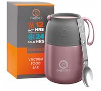 ENERGIFY Vacuum Insulated Food Jar. Large 17oz Bowl incl. Folding Spoon, Cup. Wide Mouth Keep Hot & Cold Drinks Soup Lunch Container for Adults. BPA-Free Stainless Steel, Leak Proof Rose Gold