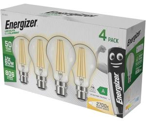 Energizer B22 Bayonet LED Light Bulb 60W Equivalent, 3.8W Energy Efficient, 806lm Warm White 2700K, Clear Vintage Filament Glass, 50,000 Hour Lifespan, Non-Dimmable
