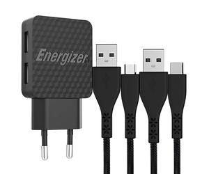 ENERGIZER Compact 2-Port USB-A 12W 2.4A Wall Charger with Two Cables Included