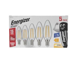 Energizer Dimmable Filament LED Candle Bulbs, E14 /Small Edison Screw, Clear 550 Lumens, Warm White, Pack of 5