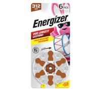Energizer Hearing Aid Batteries Size 312, Brown Tab, 6 Pack