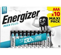 Energizer Max Plus - AAA Batteries (10 Pack) - Triple A Performance Alkaline Battery 1.5V - 130 Percent Longer Lasting - For High Drain Devices - 0 Plastic Packaging - 12 Year Shelf Life
