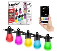 Energizer Smart RGBW+IC Outdoor String Lights, 24ft, 12 Multi-Color & White Sound Reactive LED Bulbs, IP65 Water & Weather Resistant, Voice Control with Alexa, Google, Siri, Grouping, Scheduling